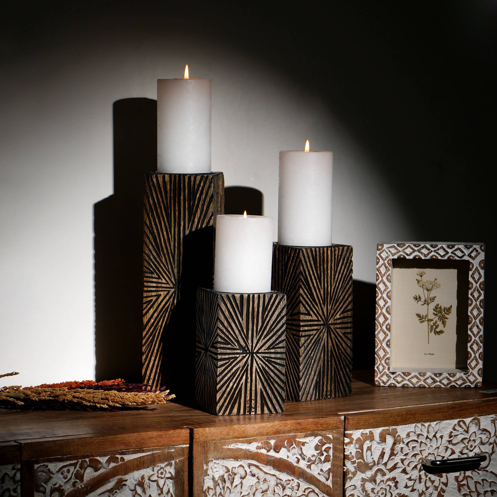 Elegent Wood Centerpiece Candle Holder - 4x12" - HER Home Design Boutique